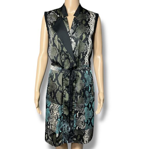 Kenneth Cole New York Womens Blouson Dress Snakeskin Print Black Teal Medium - Picture 2 of 16